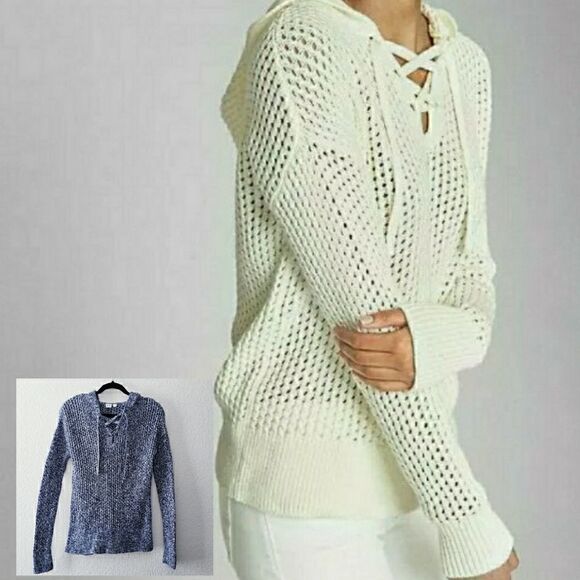 GAP Lace Up Open Stitch Hooded Pullover Sweater - Picture 1 of 7
